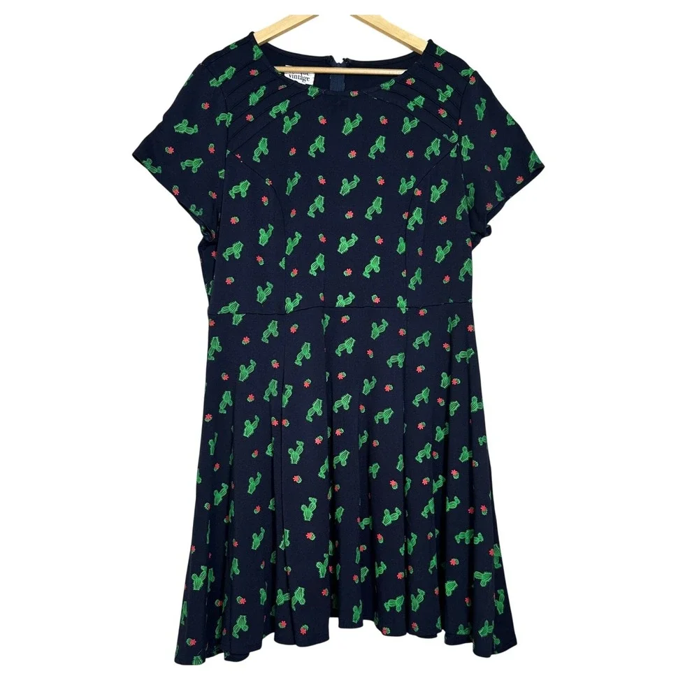 Unique Vintage Cactus Print‎ Pintuck Fit N Flare Dress 2X 18, Rock-a-billy Retro